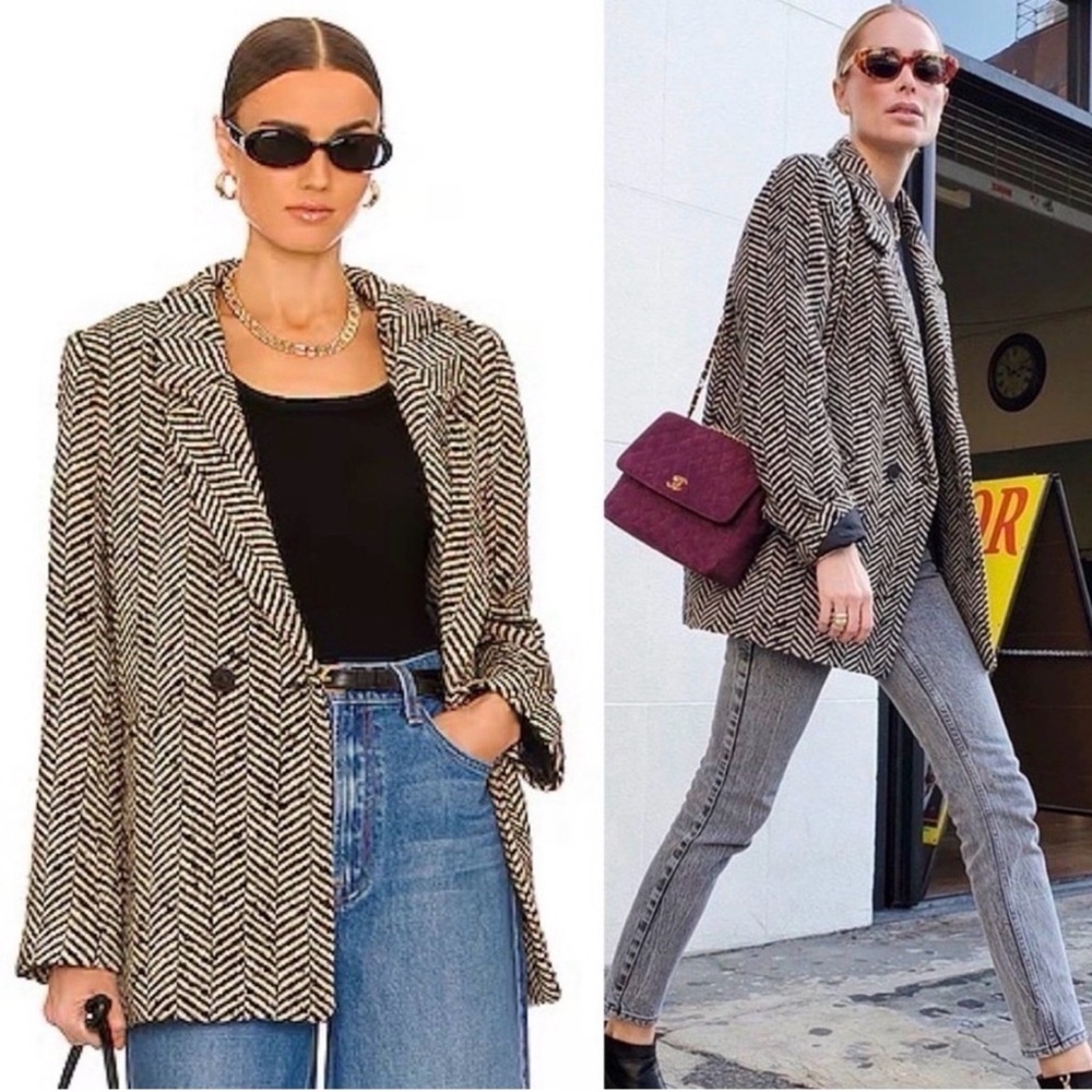 Anine Bing Oversized Black and White Herringbone Blazer